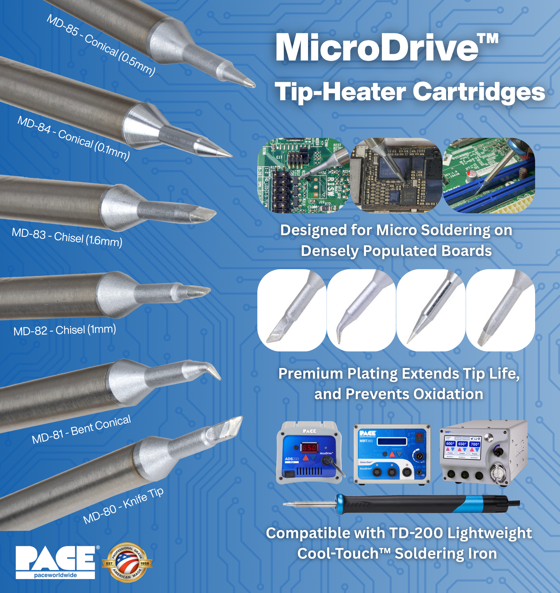 MicroDrive Tip Heater Cartridges - Designed for micro soldering on densely populated boards